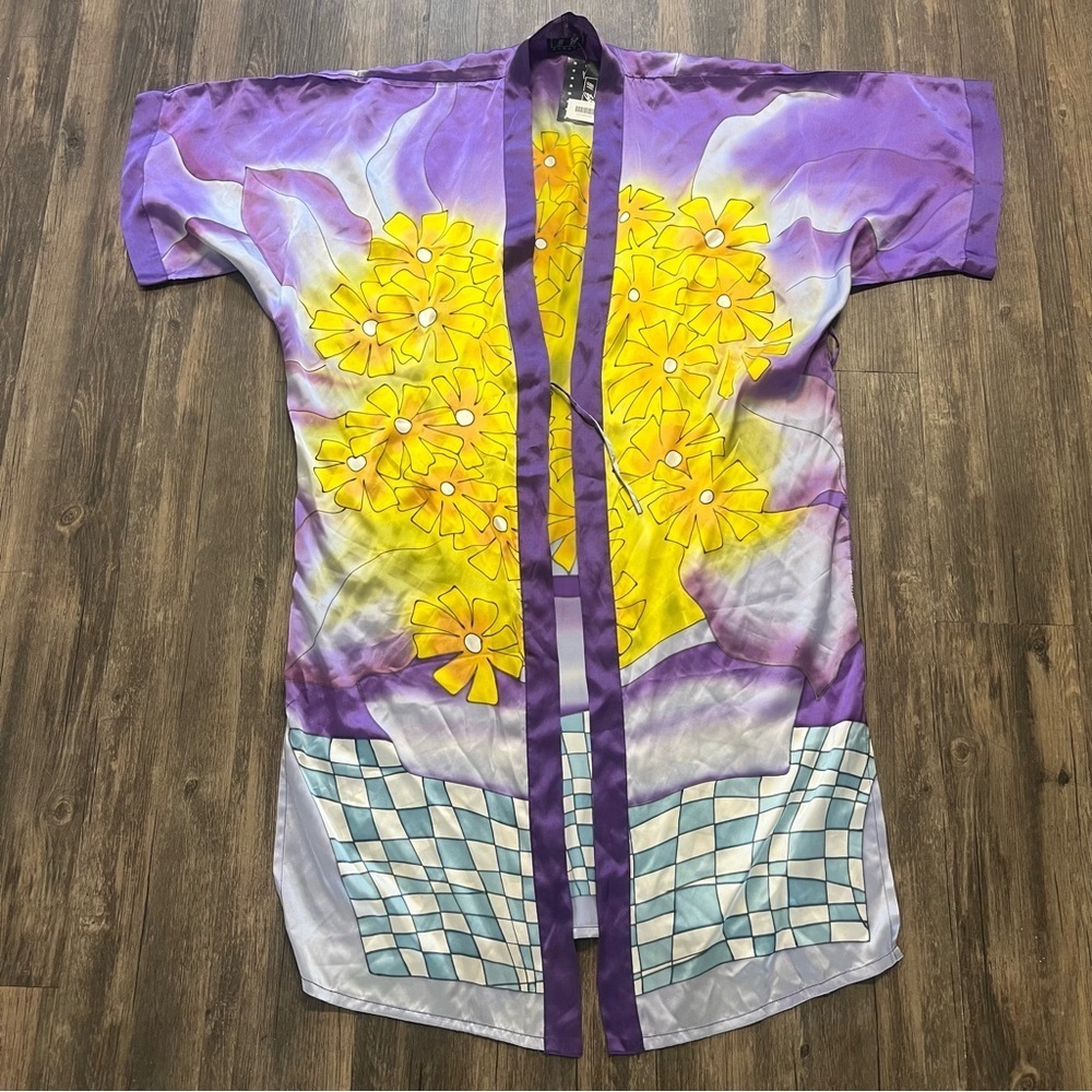 NWT Intimates Sleepwear Purple Yellow Floral Short Sleeve Satin Robe Jacket L - Picture 3 of 8
